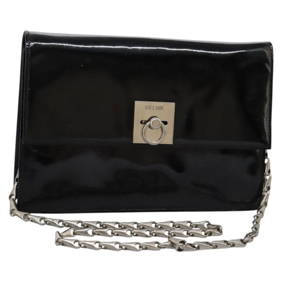 CELINE Chain Shoulder Bag Enamel Black Silver Auth ar13323 - Picture 1 of 16